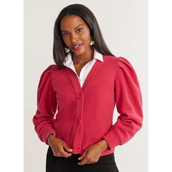 Dudley Stephens Kelly Puff Cardigan Vello Fleece Pink Size M BERRY - Picture 1 of 10